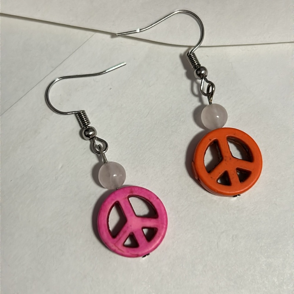 Peace Charms and Stone Earrings Mismatched Pink and Orange